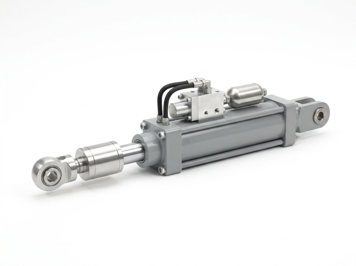 A single servo-hydraulic dynamic actuator on a plain white studio background, lying on its side: a grey steel cylinder with a polished rod ending in a bright swivel head with a bright load cell, a bright aluminium servo valve block on top with two black hoses, a small bright accumulator beside it and a clevis end with a pin, and no people