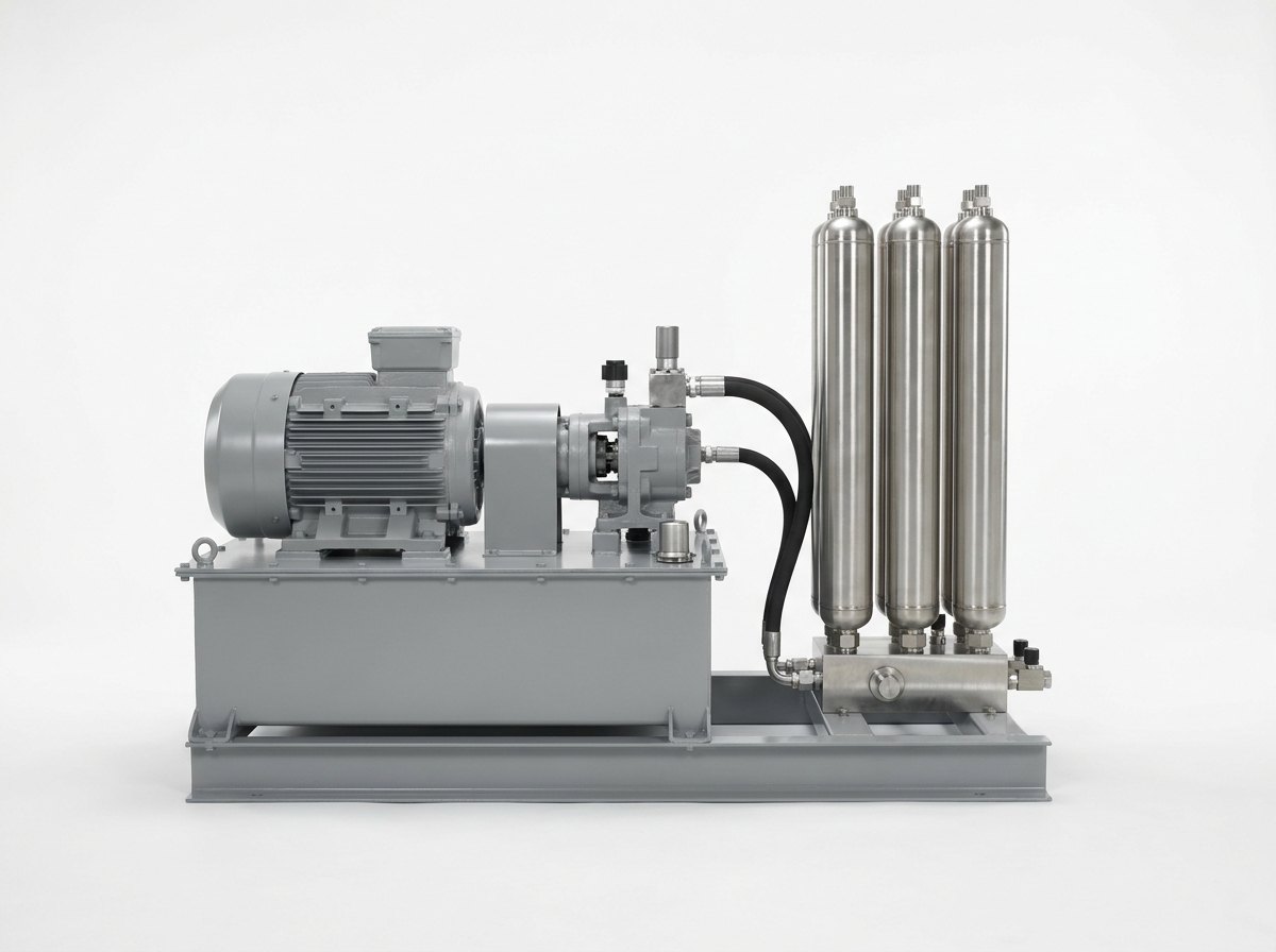 A single hydraulic power unit on a plain white studio background: a low grey painted steel oil reservoir on a base frame carrying a grey electric motor and pump set, three tall slim bright stainless steel accumulators side by side beside it joined by a stainless manifold block, and two thick black hoses, and no people