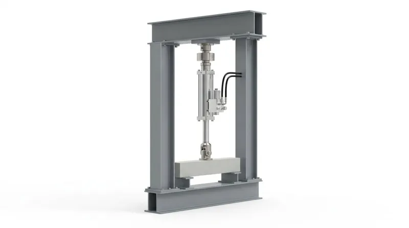 A single dynamic actuator on a self-reacting loading frame on a plain white studio background: a grey painted steel portal of two box columns, a thick crosshead and a base beam, a bright servo-hydraulic actuator with a polished rod, a load cell and a swivel head hung under the crosshead with a servo valve block and two black hoses on its side, and a pale grey concrete beam resting on two supports on the base beam below it, and no people