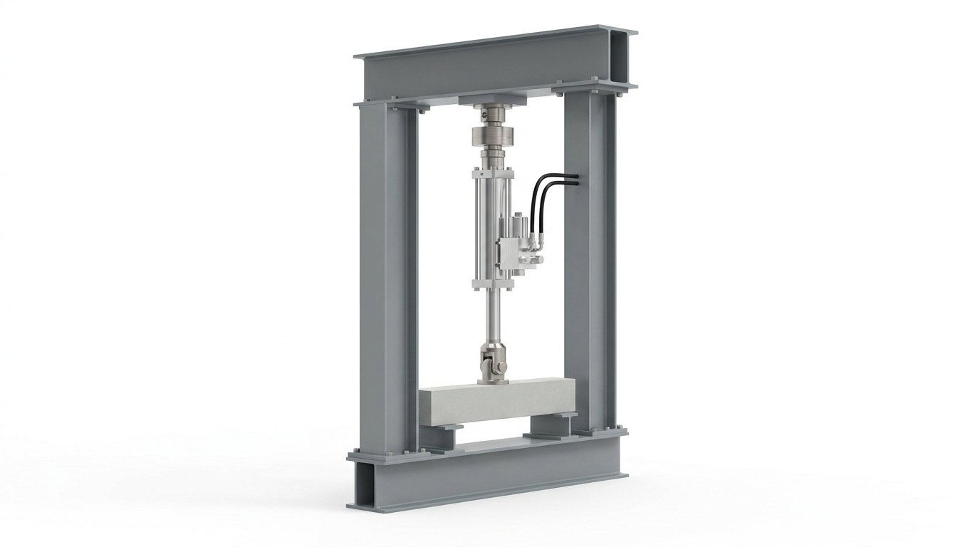 A single dynamic actuator on a self-reacting loading frame on a plain white studio background: a grey painted steel portal of two box columns, a thick crosshead and a base beam, a bright servo-hydraulic actuator with a polished rod, a load cell and a swivel head hung under the crosshead with a servo valve block and two black hoses on its side, and a pale grey concrete beam resting on two supports on the base beam below it, and no people