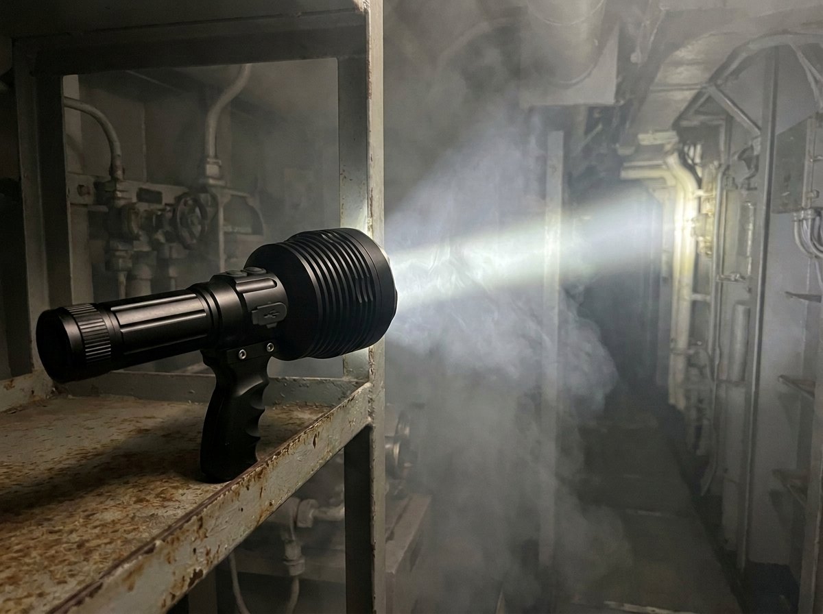 Representative render — the damage control torch cutting a sharply defined white beam through dense grey smoke down a dark warship passageway, steel frames and piping barely visible