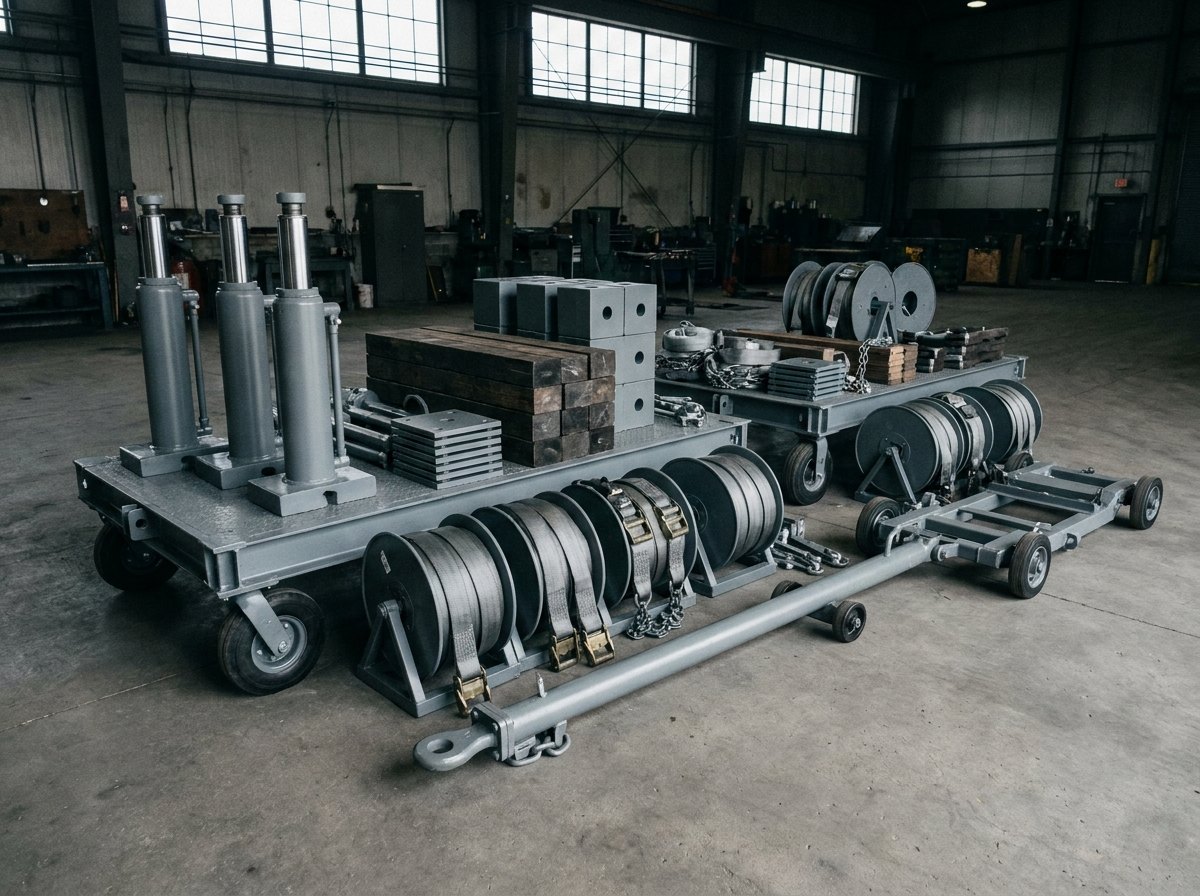Illustrative image, not a delivered installation — a disabled aircraft recovery kit laid out on transport trolleys: tall hydraulic jacks, timber and steel shoring blocks, tethering strap reels, a tow bar and a wheeled dolly, matte and unmarked, no text and no people
