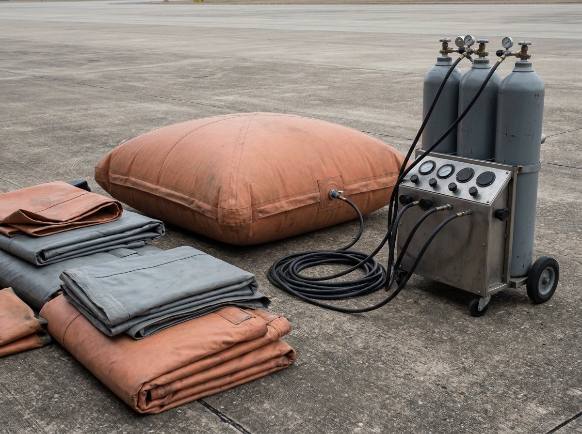 Illustrative image, not a delivered installation — a set of large reinforced pneumatic air-lifting bags, some inflated and some flat, with an air-cylinder bank and a control manifold and hoses, matte and unmarked, no text and no people