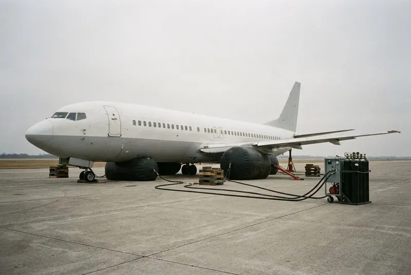 Illustrative image, not a delivered installation — a plain unmarked aircraft fuselage partially lifted on large low-pressure pneumatic air-lifting bags and hydraulic jacks with shoring on a runway, with an air-cylinder control console beside it, no airline livery, no registration and no people