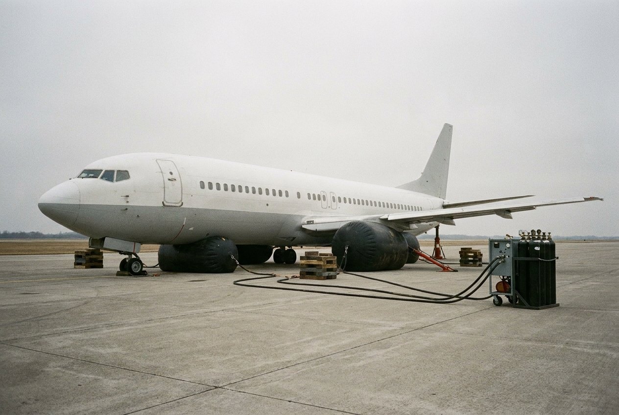 Illustrative image, not a delivered installation — a plain unmarked aircraft fuselage partially lifted on large low-pressure pneumatic air-lifting bags and hydraulic jacks with shoring on a runway, with an air-cylinder control console beside it, no airline livery, no registration and no people