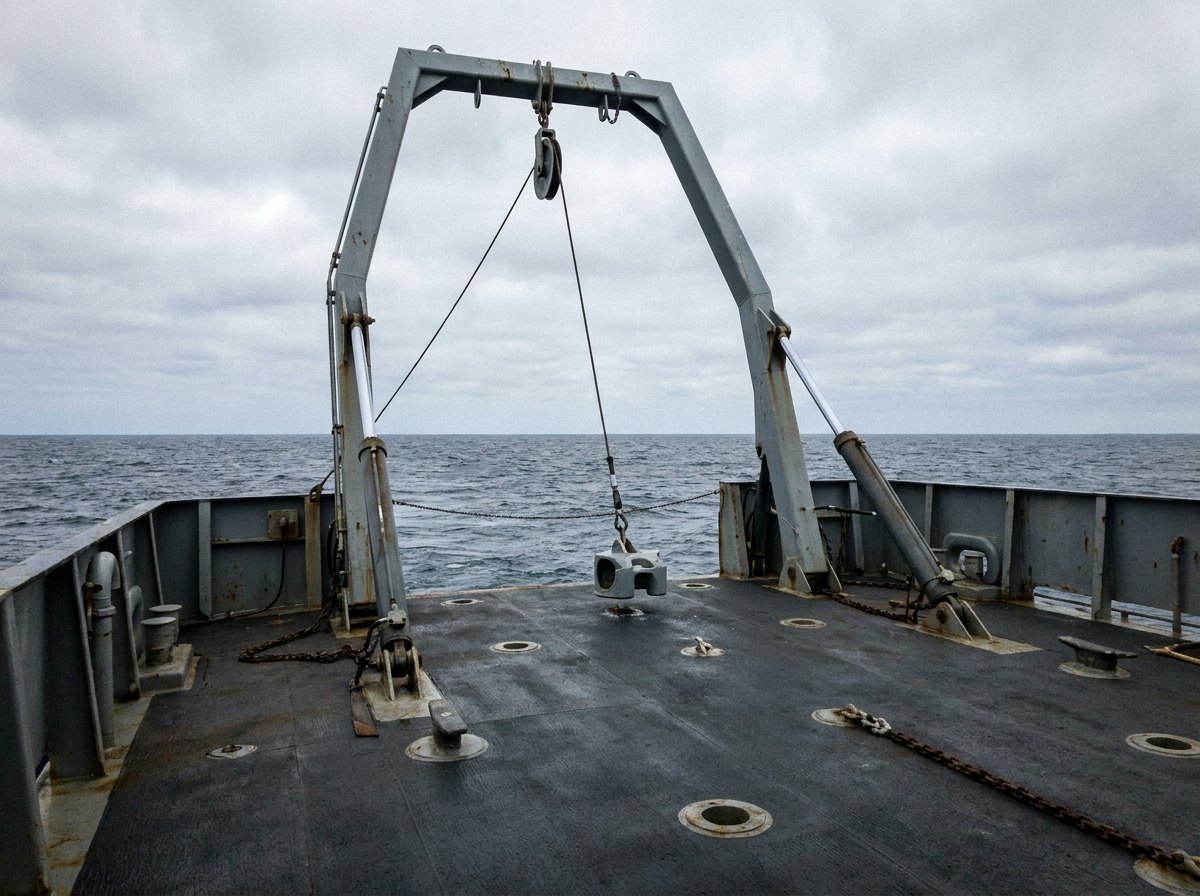 Illustrative image, not a delivered system — a stern A-frame launch-and-recovery system on an empty working deck: grey A-frame on twin luffing hydraulic cylinders, wire rope over the apex sheave with a docking head hanging above the deck, deck sockets and cleats, sea beyond the transom, no people and no markings
