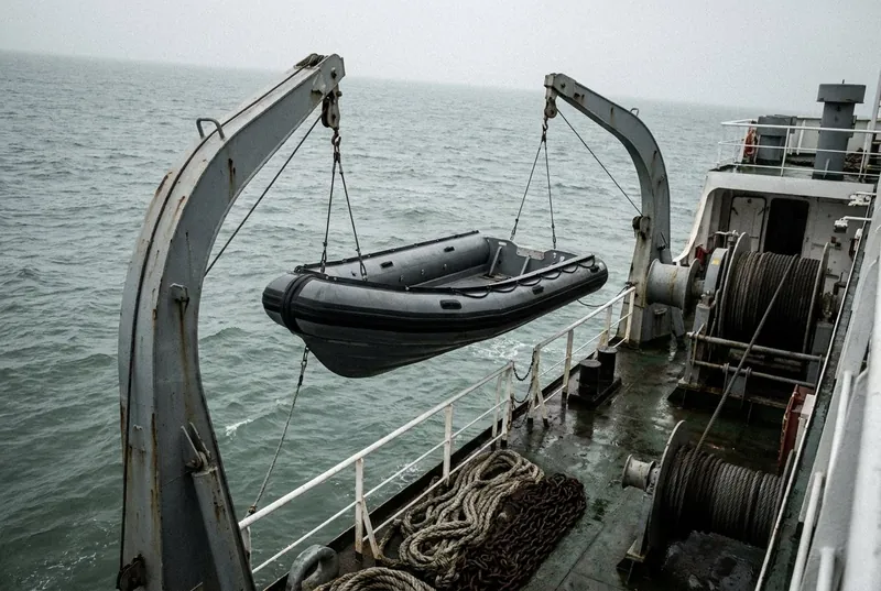 Illustrative image, not a delivered system — a ship's twin-arm gravity boat davit swung outboard with a plain grey rigid-hull inflatable boat suspended on twin wire falls over the water, davit winch and coiled falls on deck, guard rails and an unmarked grey deck edge, no people and no markings