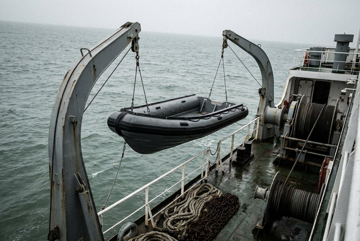 Illustrative image, not a delivered system — a ship's twin-arm gravity boat davit swung outboard with a plain grey rigid-hull inflatable boat suspended on twin wire falls over the water, davit winch and coiled falls on deck, guard rails and an unmarked grey deck edge, no people and no markings