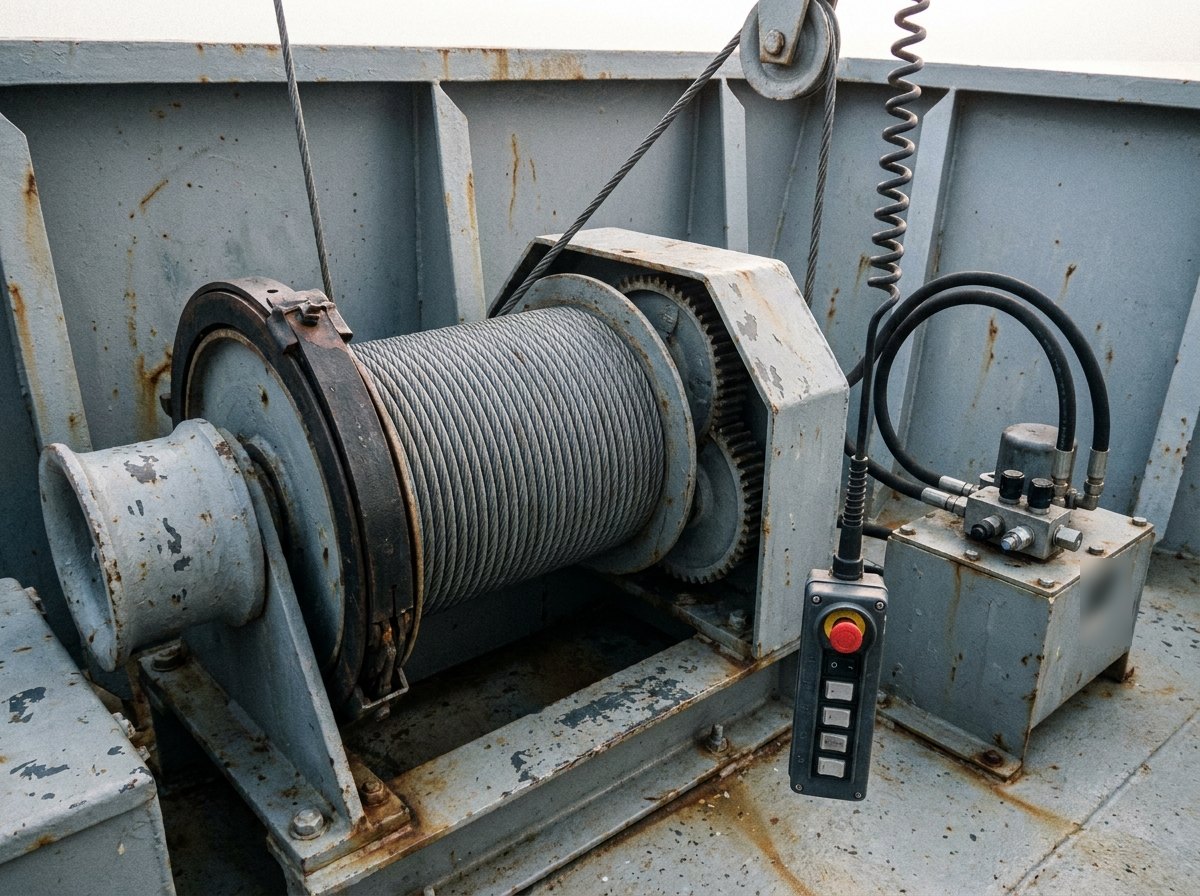 Illustrative image, not a delivered system — a davit winch station on a ship's deck: grooved wire-rope drum, band brake and hydraulic power unit, guarded gearing, a hanging pendant control with an emergency stop, wire falls leading up to sheaves, plain grey marine steelwork, no people and no text
