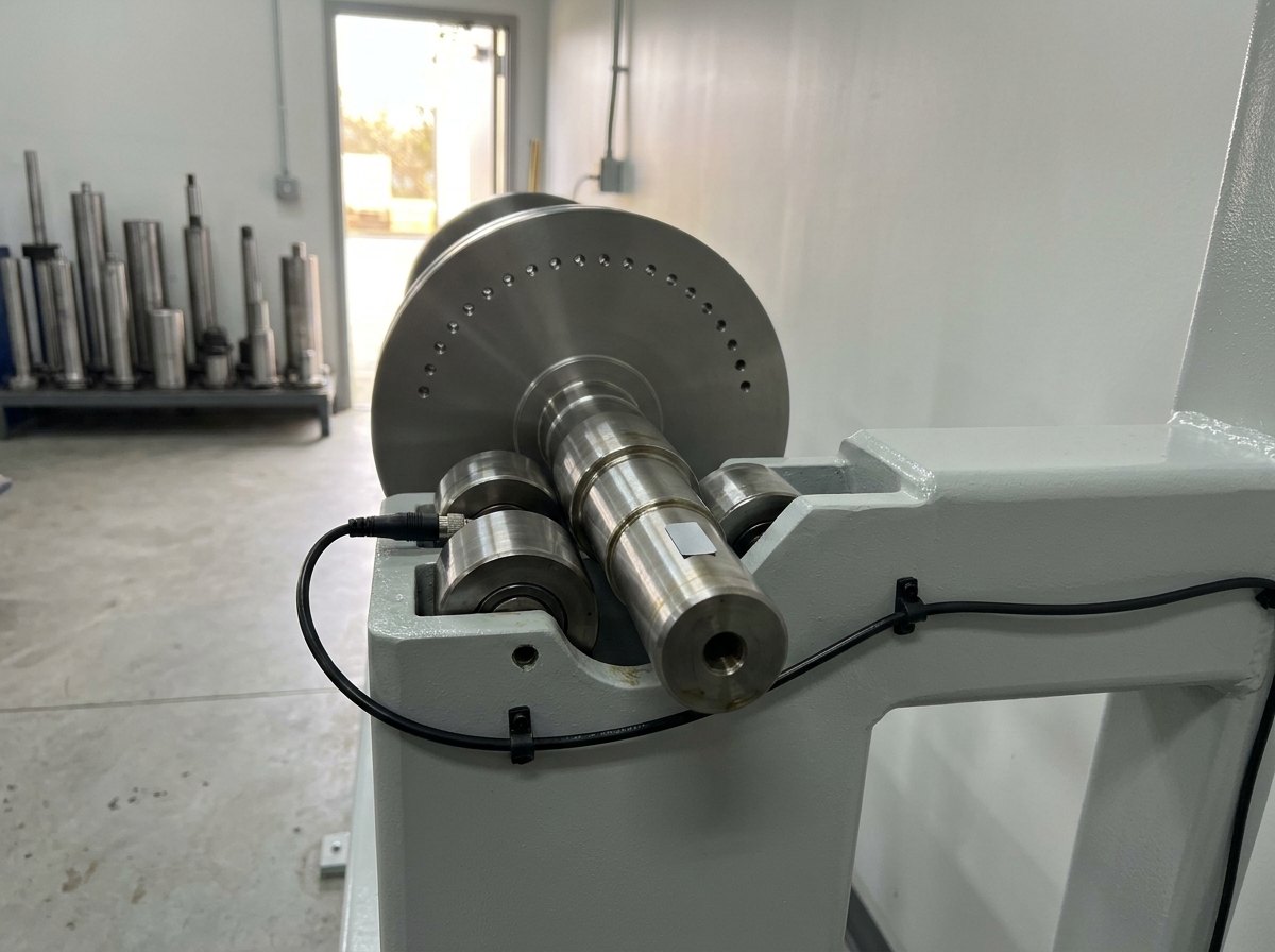 Illustrative of the class — close view of one pedestal of a dynamic balancing machine in a clean workshop: two polished hardened support rollers cradling the bright machined journal of a steel rotor, a thin black sensor cable clipped along the pedestal casting, a small plain silver reflective strip on the shaft, a smooth rotor disc behind whose face carries a neat shallow arc of small drilled correction holes, polished cylindrical mandrels and adapters racked soft-focus in the background, no people and no readable markings