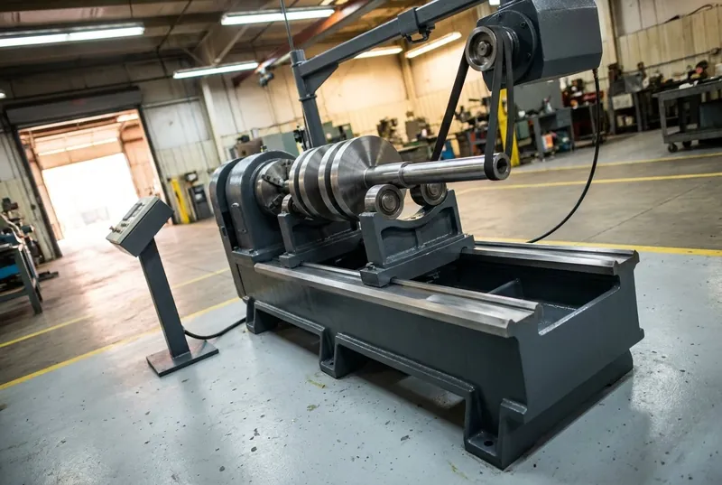 Illustrative of the class — a horizontal dynamic balancing machine in a working workshop: a long heavy cast bed in fresh machine-grey paint with bright precision ways, a headstock gripping one end of a plain stepped steel rotor with several smooth solid discs, the rotor's free journal cradled on a pedestal carriage with a pair of polished support rollers, an overhead twin-belt drive reaching down from a frame arm above, a small control pedestal standing apart with its panel angled away, benches and machines of the shop soft-focus behind, clean light floor with yellow lines, no people and no readable markings