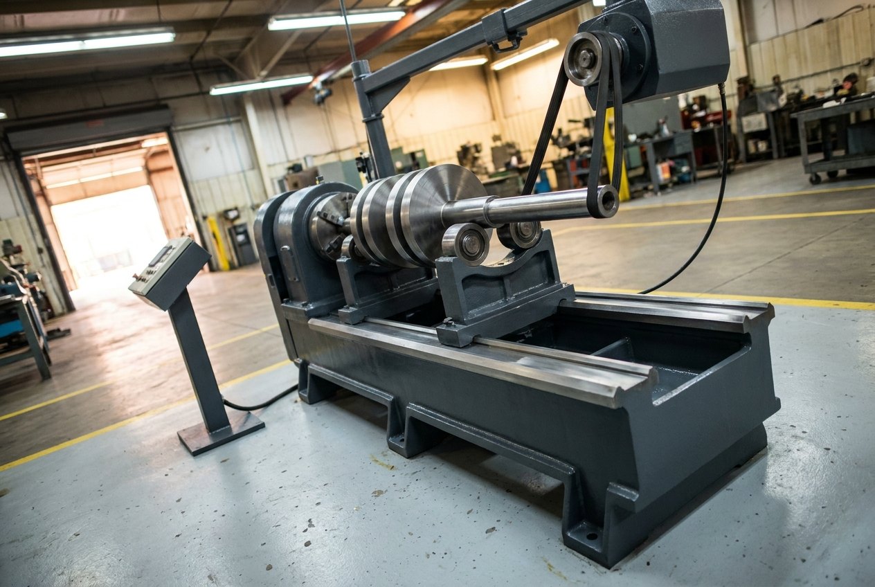 Illustrative of the class — a horizontal dynamic balancing machine in a working workshop: a long heavy cast bed in fresh machine-grey paint with bright precision ways, a headstock gripping one end of a plain stepped steel rotor with several smooth solid discs, the rotor's free journal cradled on a pedestal carriage with a pair of polished support rollers, an overhead twin-belt drive reaching down from a frame arm above, a small control pedestal standing apart with its panel angled away, benches and machines of the shop soft-focus behind, clean light floor with yellow lines, no people and no readable markings