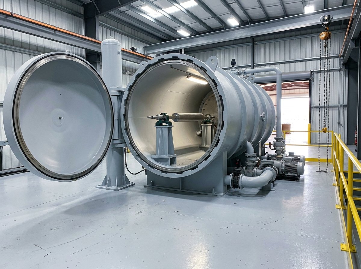 Illustrative of the class — a high-speed rotor balancing facility in a clean tall hall: a massive horizontal cylindrical steel vacuum chamber in fresh light-grey paint with heavy external ring stiffeners, its thick circular end door swung open showing a slender plain polished rotor on two pedestal bearings inside, large pipework dropping to floor-mounted pumps behind, a chain hoist above and fresh yellow safety railing to one side, clean light floor, no people and no readable markings