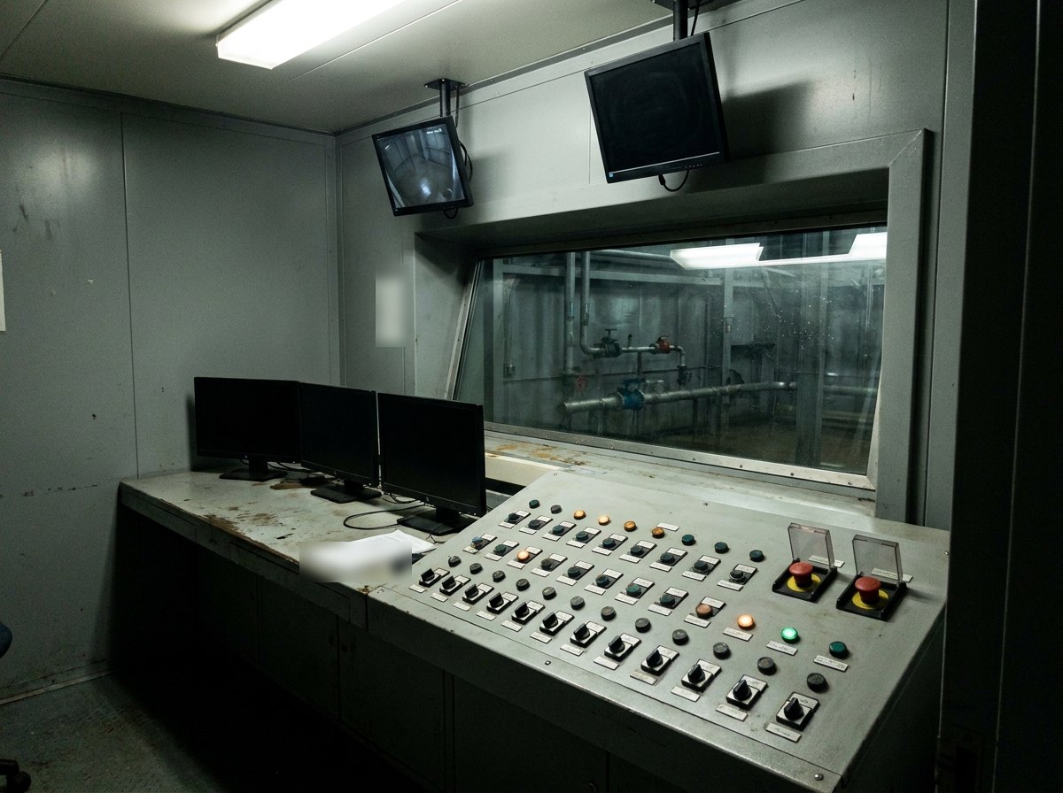 Illustrative image, not a delivered facility — an instructor control room: a console with blank dark screens and a mimic panel carrying large red master-override and dump controls, overlooking a wet steel flood-training compartment through a large angled window, dark CCTV monitors above, no people and no text