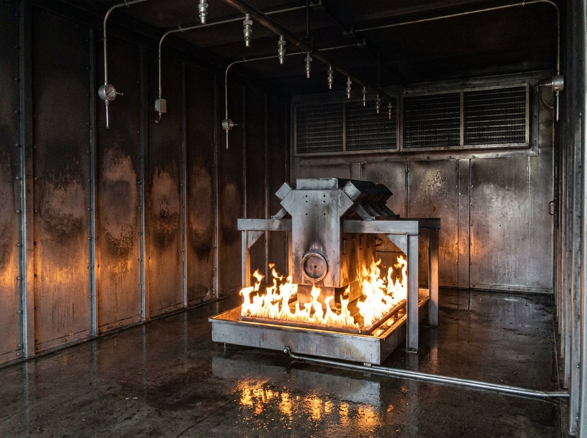 Illustrative image, not a delivered facility — a fire-fighting trainer compartment: controlled orange flames rising from a gas burner pan beneath a blackened but intact steel mock engine block, thermally lined dark walls, overhead deluge nozzles and temperature probes, extraction grilles, no people