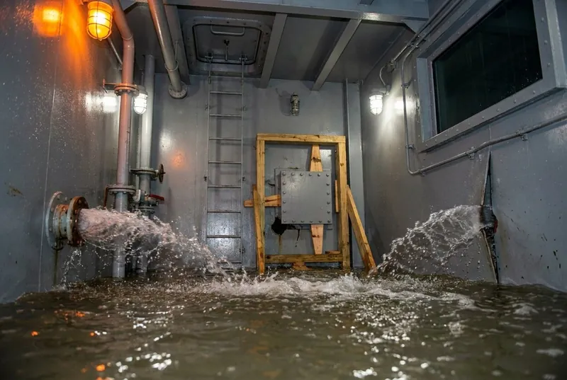 Illustrative image, not a delivered facility — inside a flood-training chamber mid-exercise and empty of people: a steel mock ship compartment with water at waist height, strong jets bursting from a split pipe flange and a sprung seam, a wooden shoring frame with wedges braced against a steel box patch, emergency lighting and a dark viewing window high in one wall