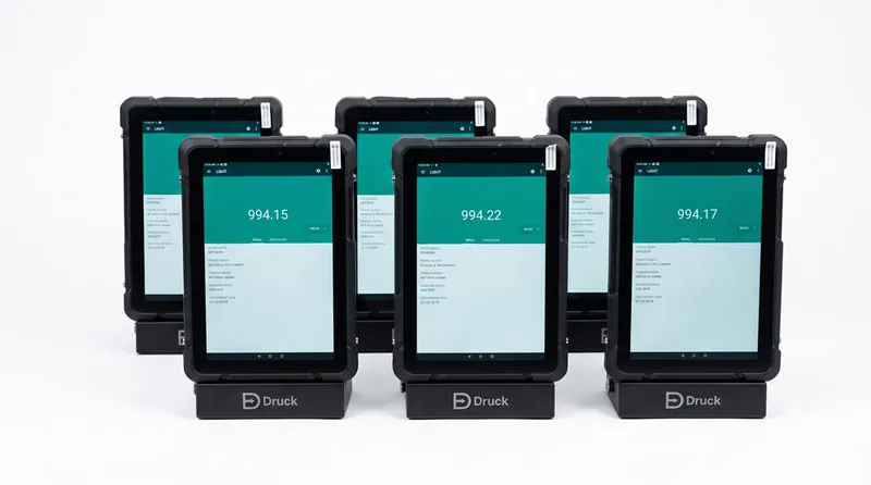 Digital Barometer units — Druck-branded TERPS handheld barometric indicators showing live pressure readings, manufactured by Neometrix
