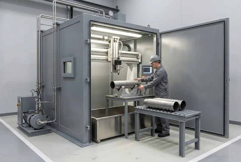 Illustrative of the class — a barricaded access-cutting cell being loaded: a thick fabricated mid-grey steel enclosure about three metres wide with its massive hinged access door swung fully open, a bright machined overhead gantry carrying a compact cutting head on a vertical slide above a wide stainless steel catcher tank set into the floor, and on the work table beneath it a plain hollow unmarked steel shell body lying horizontally in a machined V-cradle fixture while a technician secures the clamp with both hands; a short roller conveyor alongside carries two more identical empty bodies awaiting cutting, with stainless high-pressure tubing running to a grey pump skid — the cell is loaded with the door open and sealed before it runs, and there are no readable markings anywhere