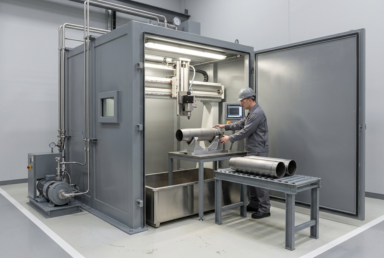 Illustrative of the class — a barricaded cutting cell being loaded: a thick fabricated mid-grey steel enclosure about three metres wide with its massive hinged access door swung fully open, a bright machined overhead gantry carrying a compact cutting head on a vertical slide above a wide stainless steel catcher tank set into the floor, and on the work table beneath it a plain hollow unmarked steel shell body lying horizontally in a machined V-cradle fixture while a technician secures the clamp with both hands; a short roller conveyor alongside carries two more identical empty bodies awaiting cutting, with stainless high-pressure tubing running to a grey pump skid — the cell is loaded with the door open and sealed before it runs, and there are no readable markings anywhere
