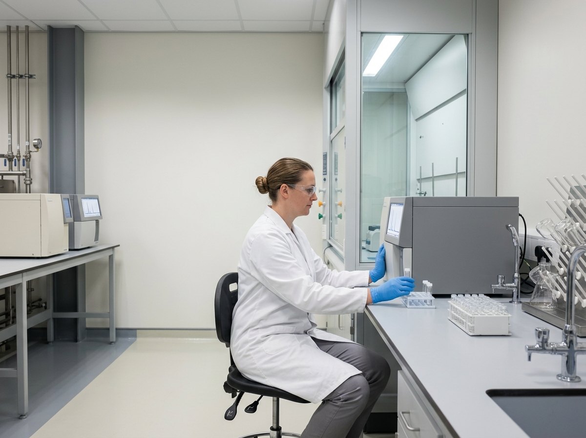 Illustrative of the class — a clean analytical laboratory with an analysis in progress: a long light-grey epoxy resin bench top carrying three plain rectangular instrument cases in off-white and mid-grey whose display panels are switched on and showing chromatogram-like traces, a tall glass-fronted fume hood with its sash partly lowered at the far end, bright stainless taps and a small sink set into the bench, a rack of clear glass labware beside a tray of small unlabelled sample vials, and a technician seated at the bench steadying a vial with one hand and working the instrument control with the other, no readable markings anywhere