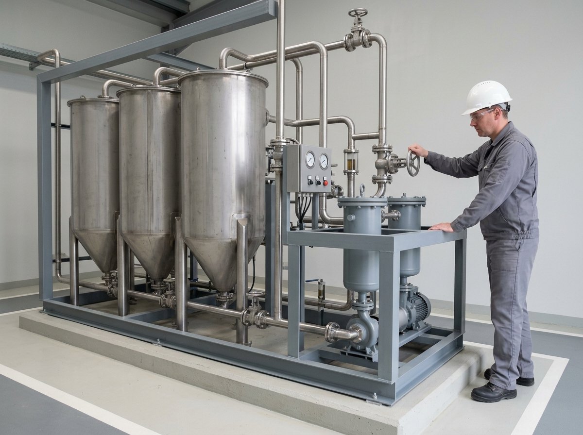 Illustrative of the class — a separation and recovery skid running: three tall cylindrical stainless steel settling tanks with conical bottoms in a row on a low bunded concrete plinth, linked by bright stainless pipework with hand valves, two squat cylindrical filtration vessels alongside on a mid-grey fabricated steel frame, a compact grey pump running on the plinth below, deflected needles on the local instrument panel, condensation on the cold pipework and a visible level in a sight glass, with a technician at the right of the skid, one hand on a stainless hand valve, leaning in to read the panel, no readable markings anywhere