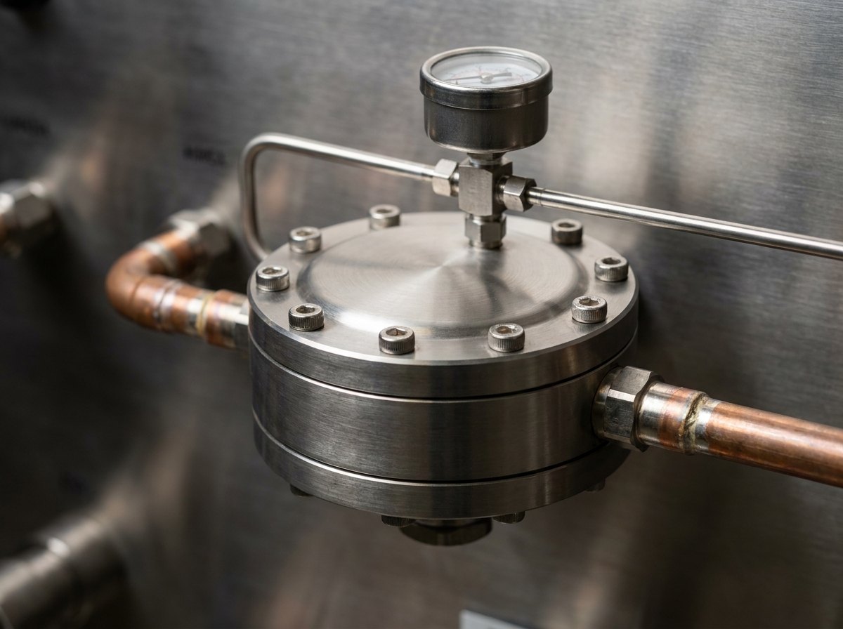 Close-up of a dome-loaded pressure reducing regulator — bolted dome cap, dome gauge and small-bore loading line — with silver-brazed copper-nickel pipework on a naval panel