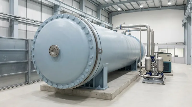 A long horizontal thick-walled steel pressure chamber painted pale blue-grey, resting on saddle supports on a raised concrete foundation in a clean high-bay hall; its large end closure is bolted shut, thick stainless pipes lead to a pump skid with two accumulators and a chiller, a steel barrier stands to one side, and there are no people