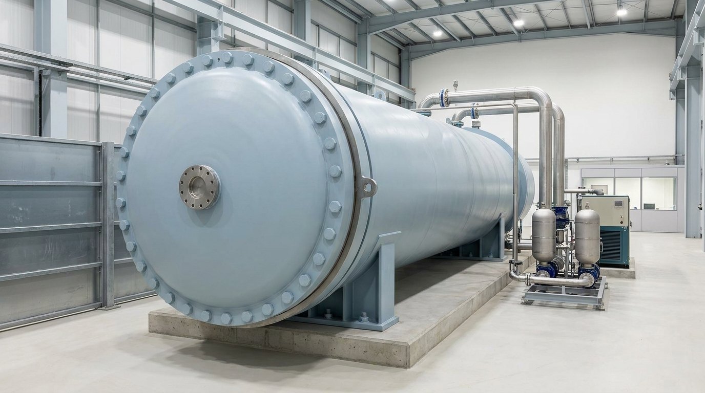 A long horizontal thick-walled steel pressure chamber painted pale blue-grey, resting on saddle supports on a raised concrete foundation in a clean high-bay hall; its large end closure is bolted shut, thick stainless pipes lead to a pump skid with two accumulators and a chiller, a steel barrier stands to one side, and there are no people