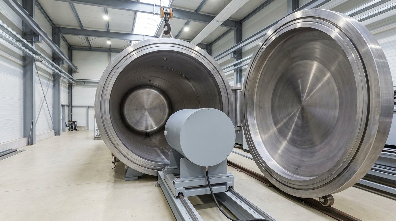 The open end of a large horizontal steel pressure chamber: its massive circular closure has been rolled clear on floor rails, showing a thick machined face, and the polished bore opens toward the camera, empty, with a plain grey cylindrical instrument housing on a rail-mounted loading cradle at its mouth and a crane hook overhead