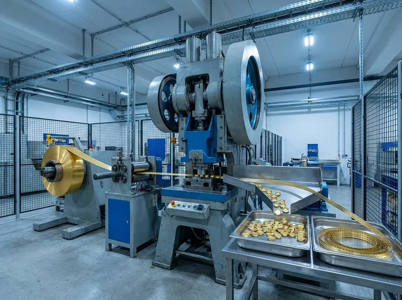 Representative render — a double-action mechanical press with a side flywheel, fed from a coil of gold-brass gilding-metal strip through a straightener and roll feed, with trays of tiny plain empty gold cups and a coil of pierced scrap strip at the output, in a clean production hall