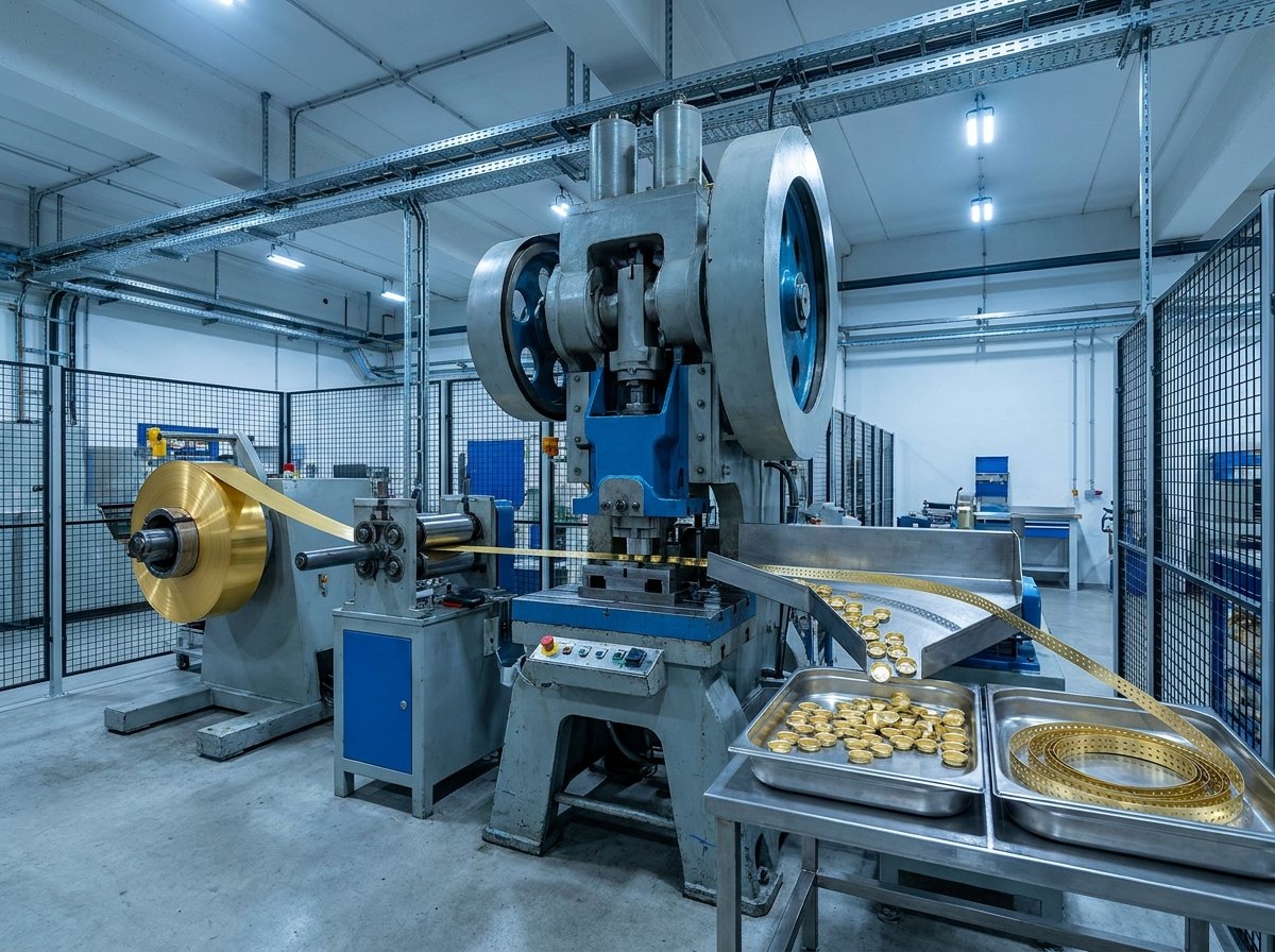 Representative render — a double-action mechanical press with a side flywheel, fed from a coil of gold-brass gilding-metal strip through a straightener and roll feed, with trays of tiny plain empty gold cups and a coil of pierced scrap strip at the output, in a clean production hall