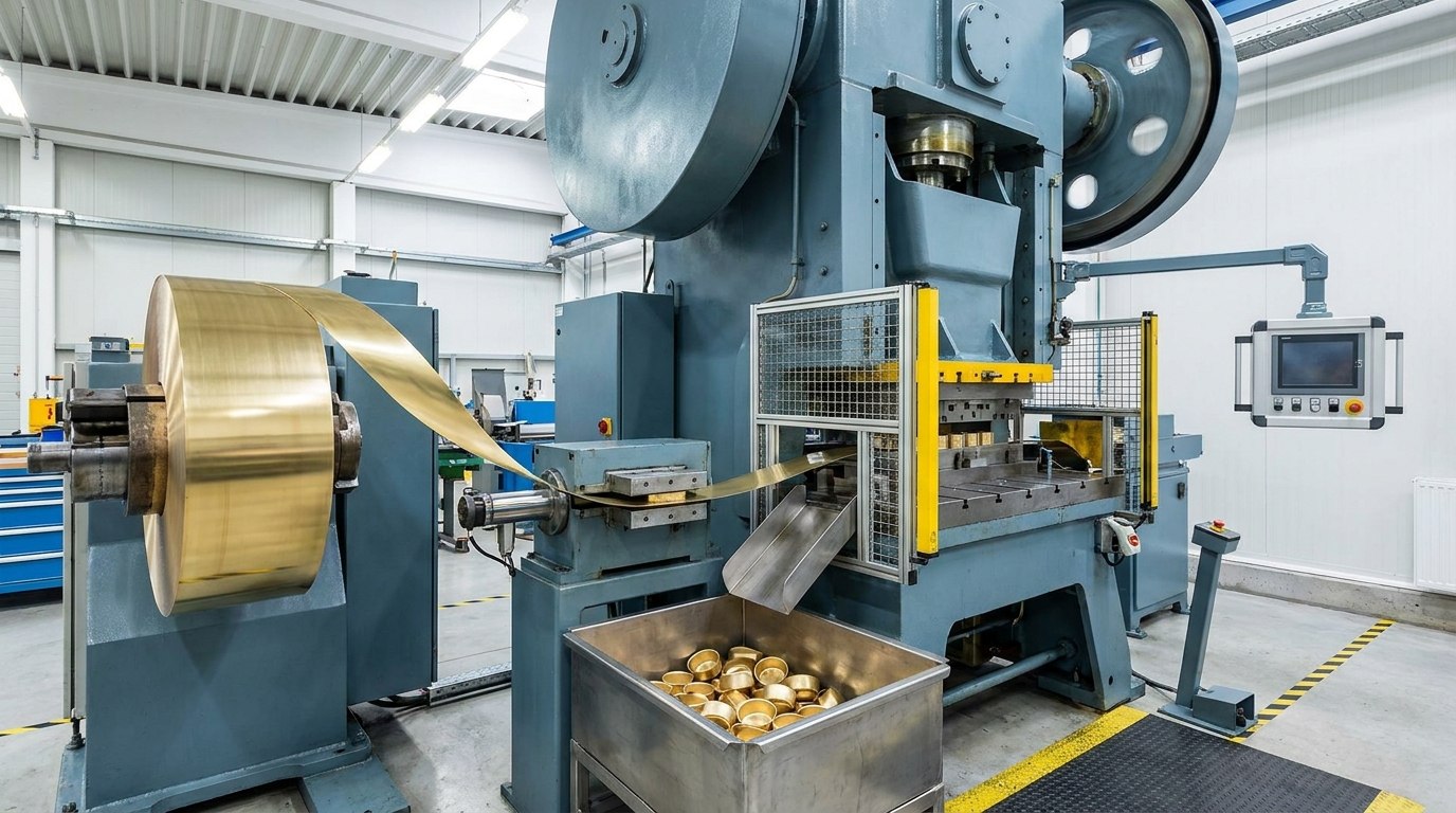 Illustrative render — a large vertical crank stamping press: heavy painted steel frame with vertical tie rods and a flywheel, a guarded die area with brass strip running into it, a coil of brass strip on a de-coiler alongside, a bin of plain deep-drawn brass cups at the outfeed and an operator control panel on a swing arm