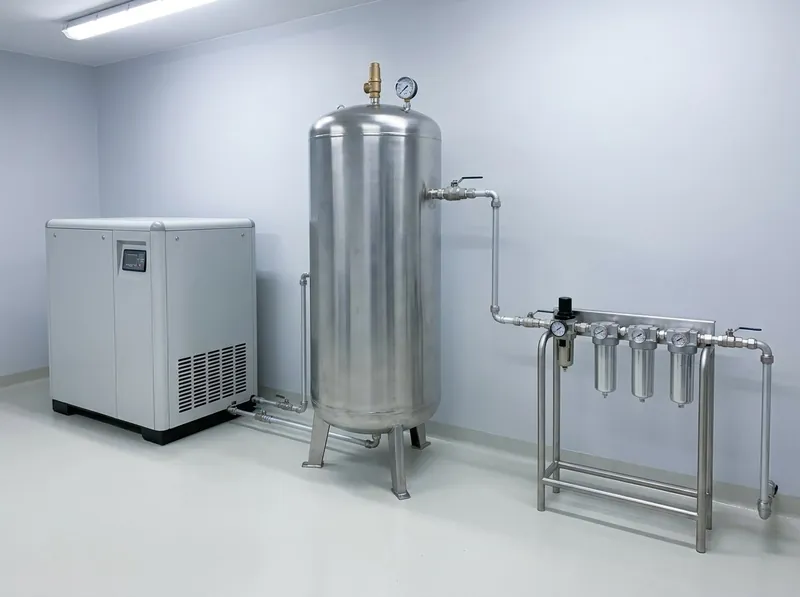Dry and oil-free compressed air system — oil-free scroll compressor, vertical 1000 litre stainless steel air receiver with safety valve and gauge