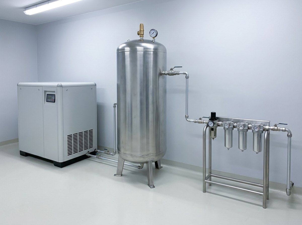 Dry and oil-free compressed air system — oil-free scroll compressor in a grey acoustic enclosure, vertical 1000 litre stainless steel air receiver with safety valve and gauge, and a filter bank on a stainless stand, connected by 25 mm piping