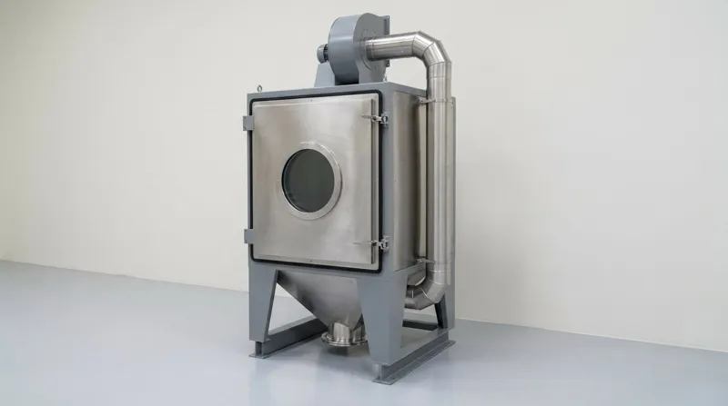 A single dust test chamber: a tall rectangular cabinet of brushed stainless steel and grey painted steel on a heavy grey steel base, with a large hinged front door sealed by a black rubber gasket and fitted with a round glass viewing window, a grey circulation blower housing at the top joined to the chamber by round stainless steel ducting that runs down the side, and a stainless steel hopper with a flanged outlet at the base, and no people