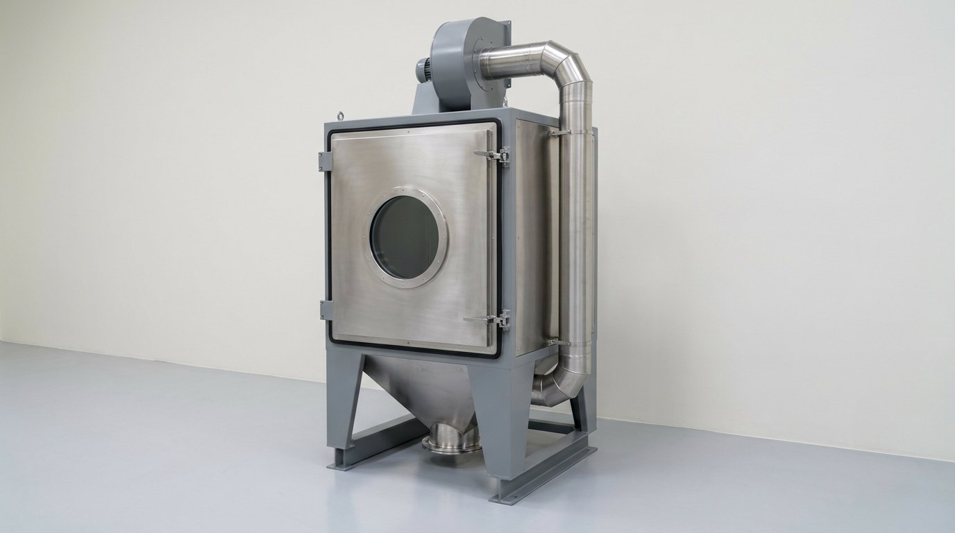 A single dust test chamber: a tall rectangular cabinet of brushed stainless steel and grey painted steel on a heavy grey steel base, with a large hinged front door sealed by a black rubber gasket and fitted with a round glass viewing window, a grey circulation blower housing at the top joined to the chamber by round stainless steel ducting that runs down the side, and a stainless steel hopper with a flanged outlet at the base, and no people