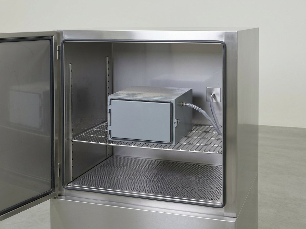 The inside of a dust test chamber through its open door: a plain stainless steel interior with a perforated floor, and on a stainless steel shelf one sealed grey steel casing with a gasketed hinged door and a fine pale grey layer of dust lightly settled over its top and edges, with a clear flexible tube running from the side of the casing to a small stainless steel fitting through the chamber wall, and no people