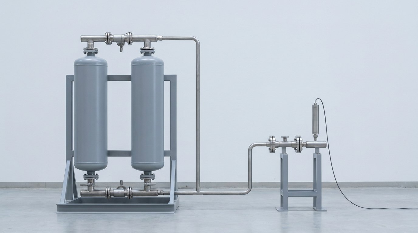 A single compressed air dryer test bench in a clean test hall: a twin-tower desiccant air dryer on a grey steel frame, two upright grey towers joined by stainless steel pipe manifolds, with a pipe running to a stainless instrument manifold on a small grey stand carrying a flow section and a slim sensor housing on one black cable, and no people