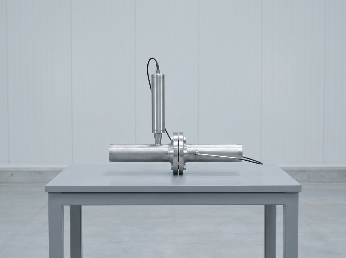 A single stainless steel measurement manifold on a grey bench: a short horizontal pipe with a flanged flow section, a slim cylindrical sensor housing fitted on top with one black cable, and a thin temperature probe fitted in the side of the pipe, and no people
