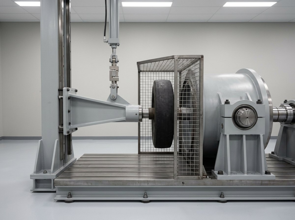 Illustrative of the class — a road wheel endurance test rig: a large plain unmarked solid rubber-tyred road wheel held on a stub axle in a heavy mid-grey pivoting steel arm and pressed against the face of a much larger smooth steel drum, with a hydraulic cylinder above the arm applying radial load through a clevis, a load cell in line with it, a bare steel mesh guard around the contact and the drum's bearing pedestals bolted to a machined bedplate, no people, nothing running and no readable markings