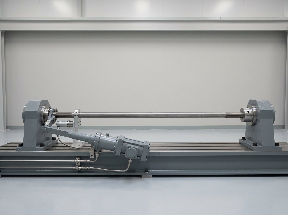 Illustrative of the class — a torsion bar test rig: a long slender solid steel bar mounted horizontally between two heavy grey fixed steel end housings bolted to a machined bedplate with its splined ends clamped in bright machined adapters, a mid-grey hydraulic rotary actuator applying twist through a short lever arm at the near end, a slim cylindrical rotary encoder on a bright bracket reading angle directly at the article, and stainless hydraulic tubing running to the actuator, no people, nothing running and no readable markings