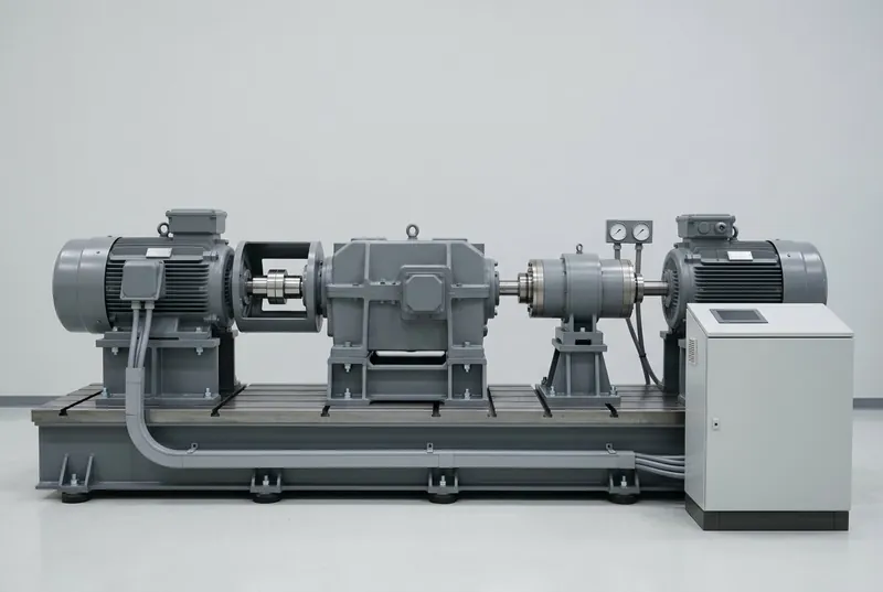 Illustrative of the class — a heavy vehicle transmission test rig on a long fabricated steel bedplate with machined T-slots: a large mid-grey electric drive machine on a bolted pedestal, a bright machined coupling inside an open guard, a heavy grey cast gearbox mounted in a bolted steel cradle as the article under test, a cylindrical in-line torque transducer on its own bearing pedestal and a second identical electric machine acting as the load at the far end, with cable trunking running to a plain control cabinet with a completely blank door, no people, nothing running and no readable markings