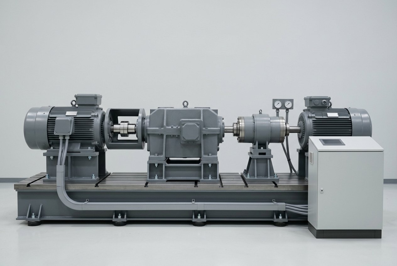 Illustrative of the class — a heavy vehicle transmission test rig on a long fabricated steel bedplate with machined T-slots: a large mid-grey electric drive machine on a bolted pedestal, a bright machined coupling inside an open guard, a heavy grey cast gearbox mounted in a bolted steel cradle as the article under test, a cylindrical in-line torque transducer on its own bearing pedestal and a second identical electric machine acting as the load at the far end, with cable trunking running to a plain control cabinet with a completely blank door, no people, nothing running and no readable markings