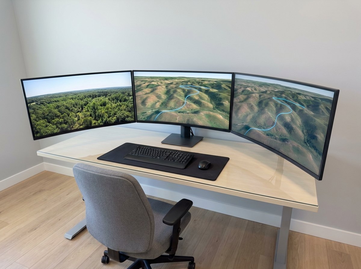 A VR drone simulator instructor station with three monitors in an arc: a trainee's first-person view over forest on the left, a three-dimensional aerial view of terrain with the flight path traced in the centre, and a replay of the same path from above on the right