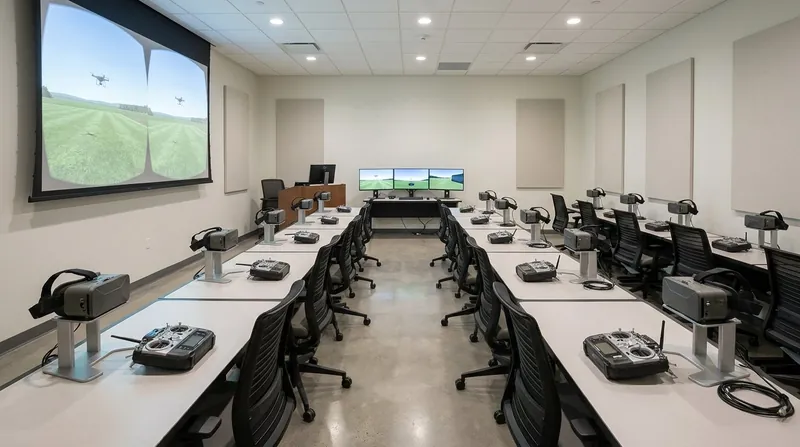 A VR drone pilot training classroom: rows of desks, each with a virtual-reality headset on a stand and a hand-held drone controller beside it, a projected side-by-side stereoscopic view of a grass flying field with drones in the air, and an instructor desk with three monitors at the front