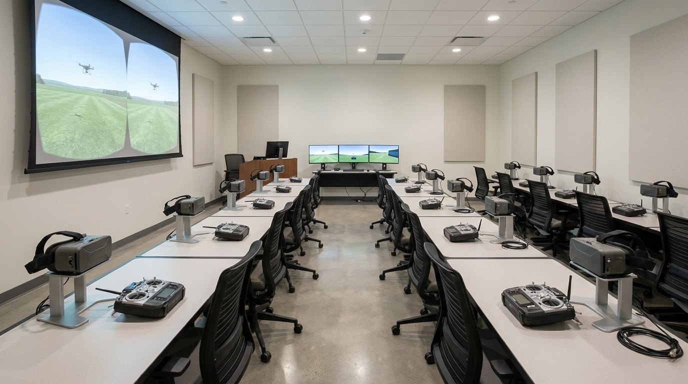 A VR drone pilot training classroom: rows of desks, each with a virtual-reality headset on a stand and a hand-held drone controller beside it, a projected side-by-side stereoscopic view of a grass flying field with drones in the air, and an instructor desk with three monitors at the front