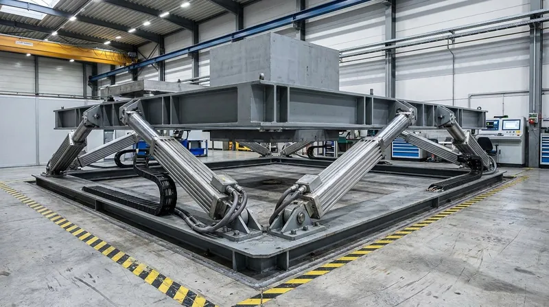 Representative render — a heavy six-actuator dynamic motion test platform in an industrial test hall: a large welded steel moving frame carried on six inclined electro-mechanical linear actuators bolted to a steel base frame grouted into the floor, with a plain steel test mass mounted on the frame, cable drag chains and hazard striping