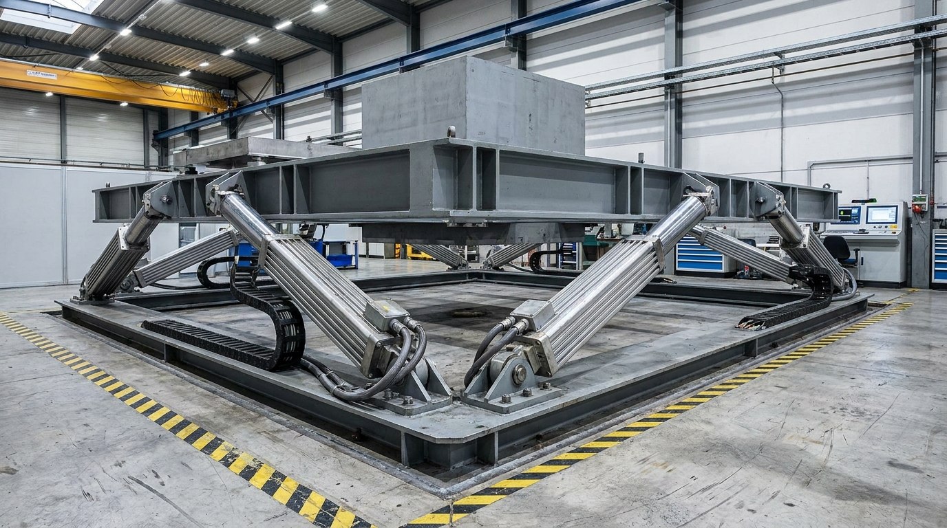 Representative render — a heavy six-actuator dynamic motion test platform in an industrial test hall: a large welded steel moving frame carried on six inclined electro-mechanical linear actuators bolted to a steel base frame grouted into the floor, with a plain steel test mass mounted on the frame, cable drag chains and hazard striping