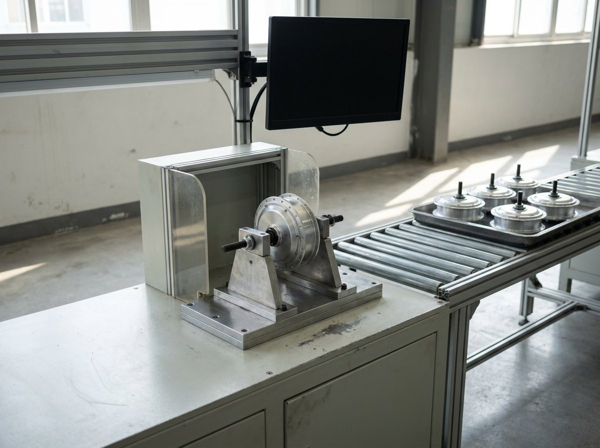 Illustrative image, not a delivered installation — a production end-of-line motor test station: a small hub motor clamped in a quick-change fixture on a bench-top tester with a guarded coupling, a dark screen above, and a row of identical motors queued on a conveyor tray beside it
