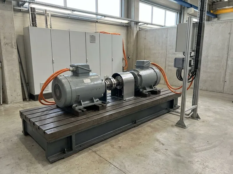 Illustrative image, not a delivered installation — an e-motor test bench: two electric machines mounted on a cast-iron T-slot bedplate, coupled through a guarded shaft with a torque flange at its centre, with orange high-voltage cables to a drive cabinet row behind and a small instrumentation mast beside the bed